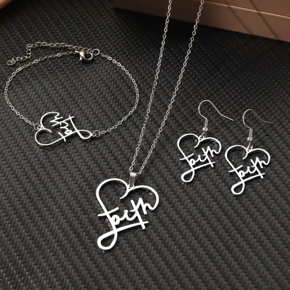 Faith Jewelry Set 4 pieces Silver Tone Stainless Steel Hypoallergenic